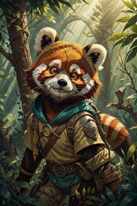 ethereal fantasy concept art of (a red panda_adventurer), (adventurer outfit), searching for treasure, epic overgrown temple ruin, epic scene, lush plants,dynamic camera, backlight, (close up:1.3), magical, fantasy art,<lyco:GoodHands-beta2:0.5> ,unique composition