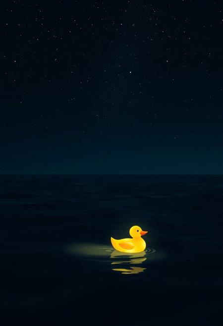 A glowing yellow duck radiates soft light as it drifts on a pitch-black sea under a starry night sky. The dark waves shimmer faintly with the duck’s luminescence, casting eerie reflections. Scattered stars twinkle above, contrasting the inky depths, evoking a mystical and tranquil atmosphere.