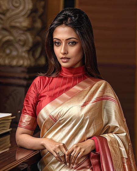 photo of a riya woman in a dynamic pose wearing elegant high-neck Kanjeevaram Silk Saree looking at camera with Tight-lipped determination expression, film grain, perfect eyes, at a capitol building beautiful bokeh <lora:riya_Riya_Sen_SD15_LoRA_adafactor_local:1>