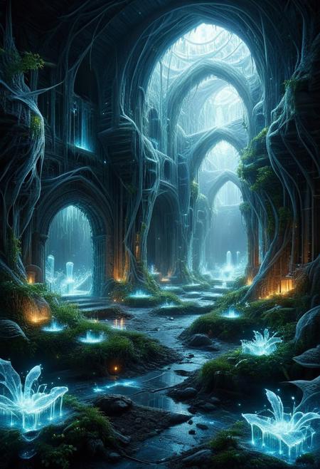 steel-vine monastery with nanite-swarm light sources, Industrial carbon-fiber grids, diamond-ice galleries in crystal-mesa badlands, Psionic mind-hive hives style,Landscape Biomechanical Baroque, atmospheric effects