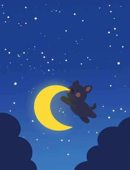 in this healing cartoon style drawing, there is a cute chibi black dog, flying in the starry night sky, eating a crescent lighting moon, 