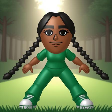 wii, mii, wii sports, 1girl, female mii, black eyes, thick eyebrows, black hair, low braids, dark skin, dark green clothing, black pants, shoes, cute, nintendo mii, modern_mii, classic_mii, breasts, laura_(wii_sports)