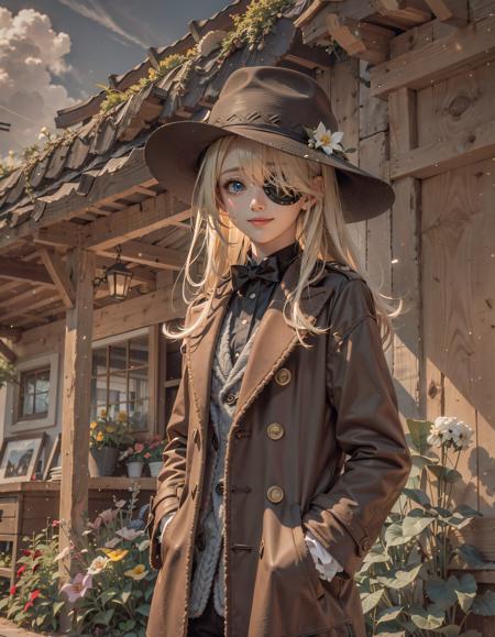 parameterscowboy shot, 1girl, blonde hair, long hair, blue eyes, blunt bangs, (hair cover one eye:1.2), brown woolen coat, black wide brim hat , black tie, looking at viewer, shed tears, smile, standing in flower house, kahuka1