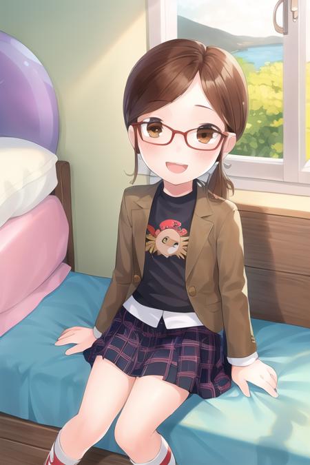 1girl, female child, margo, brown hair, brown eyes, glasses, low ponytail, sidelocks, jacket, skirt, sneakers, bedroom, river, sitting, looking at viewer, :d <lora:margo:1>