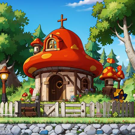 ((masterpiece,best quality)), absurdres,
<lora:Henesys_Maple_Story_Anime:0.7>, Henesys_Maple_Story, 
outdoors, no humans, tree, grass, sky, house, scenery, mushroom, door, window, fence, chimney, sign, plant, building, nature,
cinematic composition,