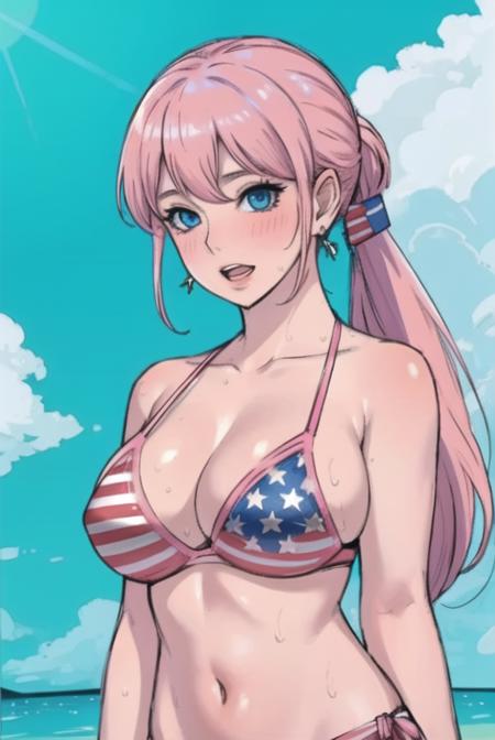 <lora:synecdoche:0.8>, synecdoche,  masterpiece, best quality, 1girl, breasts, flag print, swimsuit, american flag bikini, large breasts, blush, pink hair, bangs, open mouth, bikini, solo, looking at viewer, collarbone, blue eyes, swept bangs, earrings, bare shoulders, smile, cleavage, jewelry, sky, long hair, ponytail, blue sky, areola slip, wet