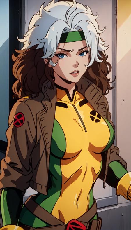 CARTOON_X_MENs_Rogue,ownwaifu,
long hair,breasts,brown hair,green eyes,lipstick,makeup,lips,white hair,two-tone hair,headband,wavy hair,large breasts,messy hair,curly hair,big_hair, 
yellow bodysuit,jacket,gloves,belt,yellow gloves,green bodysuit,bodysuit,multicolored bodysuit,superhero, skin tight,multicolored clothes,  <lora:CARTOON_X_MEN90s_Rogue-15:1>, 1girl, solo, looking at viewer,straight-on, upper body, official art, highres, scenery, (masterpiece:1.1), (best quality,:1.1), (high quality:1.1), (anime screencap:1.2),