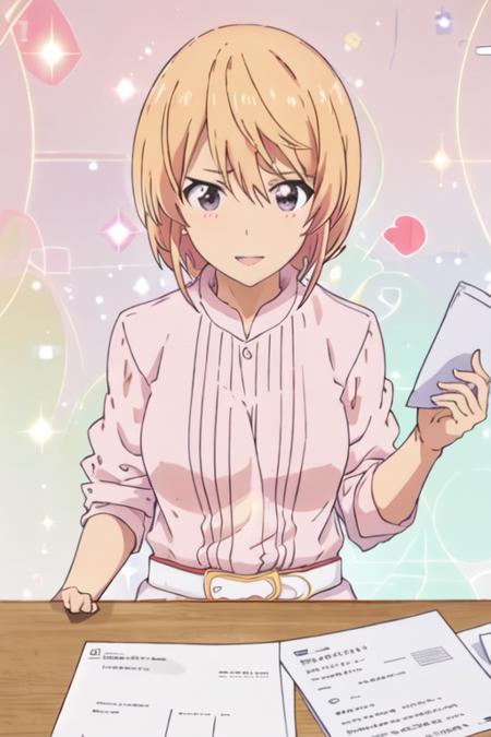 best quality, masterpiece, highres, solo, {oshieda_atsuko_ahogirl:1.15}, short_hair, blonde_hair, purple_eyes, parody, open_mouth, blush, 1girl, looking_at_viewer, paper, v-shaped_eyebrows, upper_body, chinese_text, holding_paper, smile, style_parody