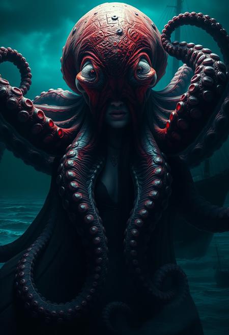 Eldritch horror octopus woman looking at camera,, kraken, photorealistic, colorful, seaside, ship, dramatic lighting, the silence before the storm, whispers in the dark, epic proportions, dynamic lighting, dust, gloom