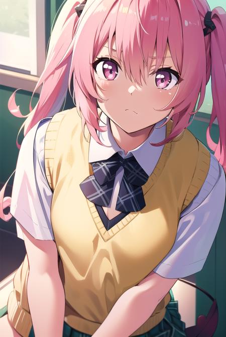 nanadeviluke, <lyco:nanadeviluke-LYCORIStest:1>,
nana asta deviluke, fang, long hair, (pink eyes:1.5), pink hair, tail, twintails, (flat chest:1.2),
BREAK green skirt, plaid, plaid skirt, sainan high school uniform, school uniform, skirt, shirt, white shirt, sweater vest, (yellow sweater vest:1.5), short sleeves,
BREAK looking at viewer,
BREAK indoors, classroom,
BREAK <lora:GoodHands-vanilla:1>, (masterpiece:1.2), best quality, high resolution, unity 8k wallpaper, (illustration:0.8), (beautiful detailed eyes:1.6), extremely detailed face, perfect lighting, extremely detailed CG, (perfect hands, perfect anatomy),