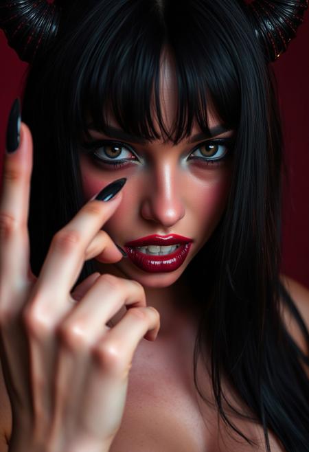 Portrait of a 36 year old beautiful bright red skinned  female with deep wet sweaty   Her face looks demonic although pretty . She jet black shiny hair with bangs , the hair that is styled to slightly resemble a succubus’s horns. Their skin is shiny blood red Their pupils are black onyx colored and look slightly inhuman teeth with elongated canines  , gloss black lipstick that looks moist and wet and is dripping blood . Sexy and sensual as if enticing the viewer with one hand becoming with a finger. Her long sharp fingernails are shiny onyx black