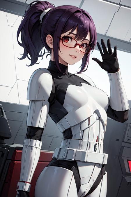 masterpiece, best quality, absurdres, 1girl, solo, StromTrooper, armor, purple hair, red eyes, ponytail, glasses, smile, waving at viewer, <lora:StormTrooper:1>