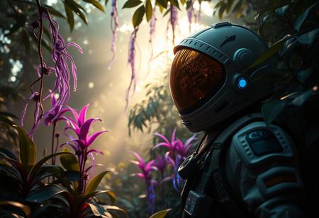 Cinematic shot, astronaut exploring an alien jungle, dense foliage towers overhead, exotic plants with glowing bio-luminescent tendrils, vibrant purple and blue leaves, soft mist, futuristic space suit, helmet with gold visor, helmet visor reflects the strange environment, backlit by the morning sun, gentle rays filter through, creating a soft glow, dramatic camera angle, shallow depth of field, bio-luminescent, 8K, UHD, dslr, film grain, intricate details, hyperrealistic.
