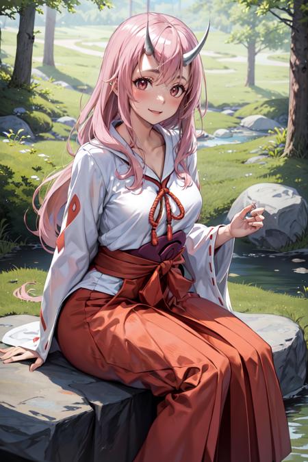 masterpiece, best quality, absurdres, ShunaTensura, low-tied long hair, oni horns, miko, red hakama, tabi, sitting, outdoors, forest, rock, smile, blush, <lora:ShunaTensura:1>