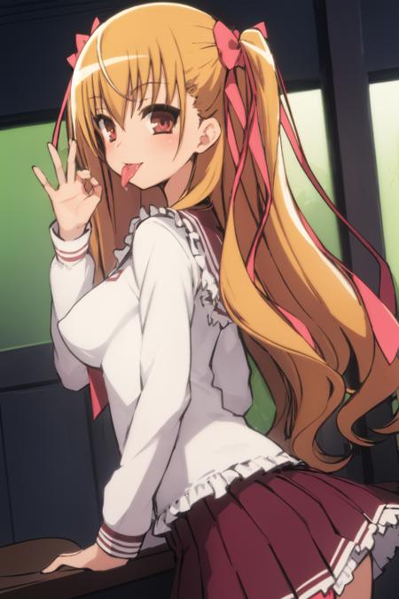 <lora:M1neR1k0-000028:1:OG3>M1neR1k0, M1neR1Uni,(hair),brown eyes,1girl, solo, long hair, skirt, blonde hair, long sleeves, bow, ribbon, very long hair,hair ribbon, pleated skirt, frills, red skirt, breast,bow,two side up,frills skirt,tongue out,<lora:felges1:1:ALLTW>(ok sign)from back, finger around tongue,looking at viewer