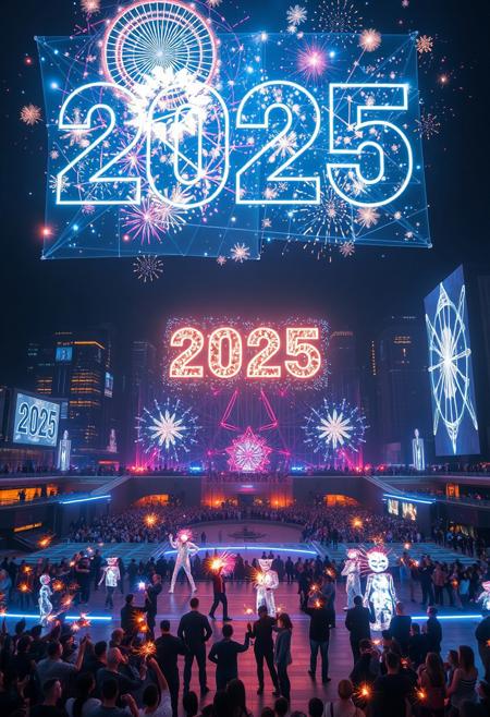 A futuristic New Year's celebration centered on a breathtaking holographic show. The scene captures a vast urban plaza with a colossal holographic projection of '2025,' surrounded by dazzling, animated visuals such as swirling galaxies, fireworks, and intricate geometric designs. The holograms extend high into the sky, blending seamlessly with the city's skyline. Below, a captivated crowd glows in the light of the holographic spectacle, with people holding sparklers and wearing futuristic attire. Performers in illuminated costumes interact dynamically with the holograms, creating a vibrant, immersive atmosphere that combines cutting-edge technology with celebratory energy.