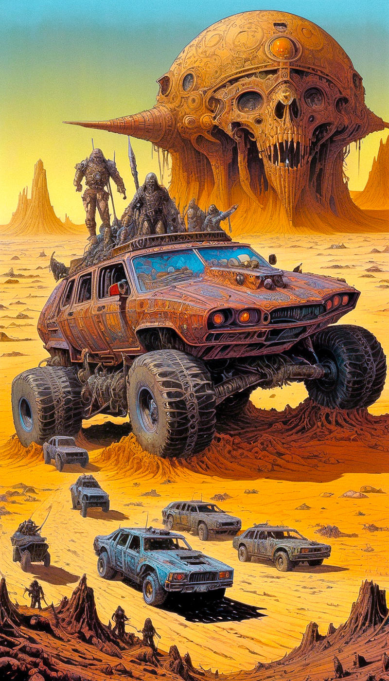 A Post-Apocalyptic Scene with a Mutated Truck and Cars