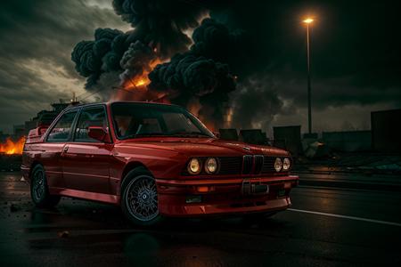 analog gloomy photo of a (red BMW E30 car, <lora:bmwe30:1>), ((speeding in an abandoned city (at midnight))), ((decayed apartment buildings on fire in the background)), (((getting shot))), (gunfire), ((snow)), (horror movie), ((nighttime)), (midnight), ruins, claustrophobic, High Detail, Sharp focus, (photorealism), realistic, best quality, 8k, award winning, dramatic lighting, epic, cinematic, masterpiece, backlit, contrejour, rim light, ambient fog:1.4, dutch angle, depth of field, volumetric lights,