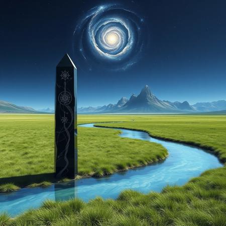 hi resolution, photorealistic, 24mm wide-angle lens. a vast grassy plain, bisected by a clear, blue river, spreads into the distance. In the foreground a tall black crystal monolith stands alone in the grass, from its surface mysterious and arcane symbols can be seen swirling within the crystal. In the back ground on the horizon, tall jagged mountain peaks rise against an inky blue sky in which a majestic spiral galaxy can be seen