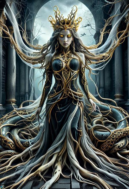 masterpiece, absurdres, best quality, amazing quality, ultra-detailed, newest, extremely detailed, very aesthetic, 
rating_safe, source_anime, 
BREAK, 
1girl, medusa, beautiful Medusa, a Gorgon, long hair, serpentine hair, snake hair, each snake with glowing eyes, 
hair made of tree, hair made of PG-TR, PG-TR, 
spiderweb, cobweb, 
golden eyes, glowing eyes, alluring and menacing, crown of serpents, 
dress, qu4ntum dress, silver circuits, exhaust pipe, black and gold pipe, digital circuits, 
tattered gown made from dark mystical fabrics, 
pale skin, marble-like hue, shimmering in the moonlight, 
Around her, statues of former victims stand frozen in place, and the air is thick with an ominous aura.