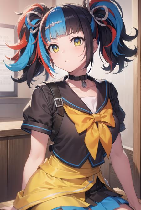 sei shounagon, aqua hair, black hair, blunt bangs, multicolored hair, red hair, twintails, (brown eyes:1.5), black sailor collar, black shirt, black skirt, choker, pleated skirt, puffy sleeves, sailor collar, shirt, skirt, bow, red bow,