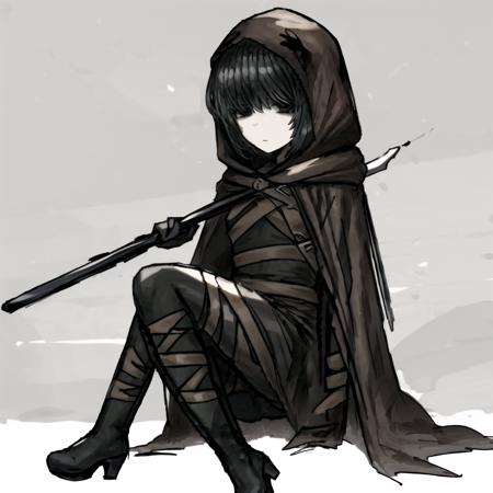 miranda, (multiple belts:1.3), (brown:1.2) belts on outfit, standing, full body, sitting, expressionless, boots, black hair, black eyes, black dress, black gloves, (brown:1.3) hooded cloak <lora:miranda:0.9>, nice hands <lora:blackSouls_5:0.7>