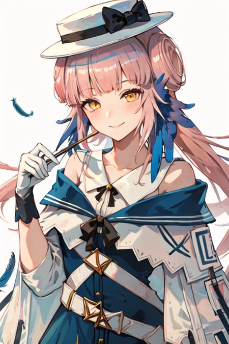 best quality, masterpiece, highres, solo, {ceylon_arknights:1.15}, long_hair, bangs, pink_hair, feather_hair, feathers, hat, white_headwear, yellow_eyes, blue_feathers, bow, hair_bun, hat_bow, smile, black_bow, upper_body, 1girl, looking_at_viewer, portrait, simple_background, blunt_bangs