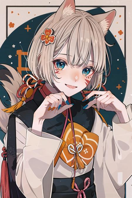 KoiKoi, 1girl, animal ears, solo, tail, flower, golden hair, blue eyes, looking at viewer, shimenawa, smile, hair ornament, bangs, paw pose, rope, blue nails, facial mark, year of the dog, tassel, chinese zodiac, cowboy shot, kouhaku nawa, dog ears, nail polish
<lora:KoiKoi:1>