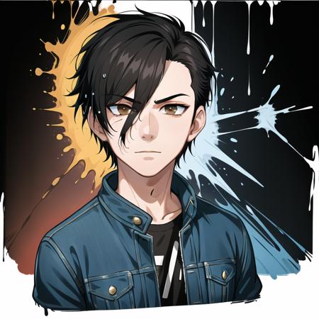 (masterpiece, best quality:1.1), pxint, 1boy, male focus, serious face, looking at viewer, chase, olive and golden, black hair, buzzcut, denim jacket, brown eyes, detailed eyes, portrait, flowing, with a splash of paint, (abstract:0.8)