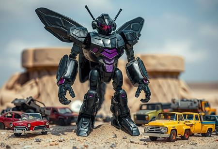 A highly detailed, 4K image showcases a Gimmick Puppet Magnet Doll robot standing proudly on a beige Fortress Whale's Oath. The robot, primarily black and purple, features a large Insect Armor with Laser Cannon Lev. 5 and a purple visor. Surrounding the robot are smaller junk cars and trucks, with a red car and yellow truck adding a pop of color. The intentional focus on the robot creates a captivating and balanced composition, with vivid emotions and harmonious colors.