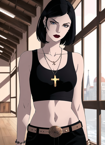 1girl, solo, jewelry, black hair, belt, necklace, cross, midriff, cross, short hair, black tank top, navel, bracelet, pants, dark, indoors, pale skin, heavy makeup, gothic girl, ((masterpiece))