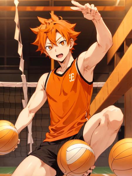 <lora:ShouyouHinata:0.6>,high res, masterpiece, Sgouyou Hinata , orange hair, solo, 1boy, male, volleyball court, indoors, detailed eyes, ((orange eyes))