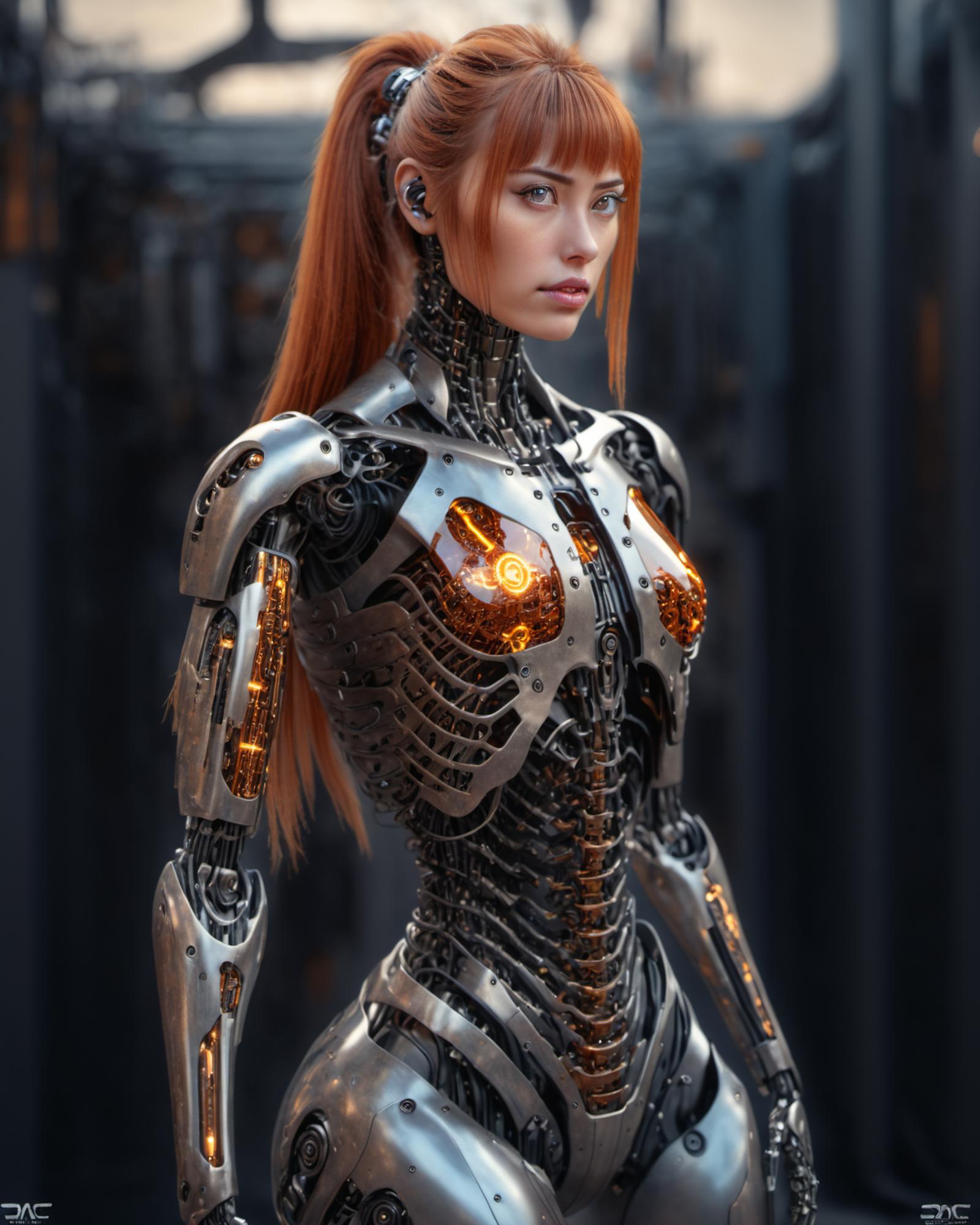 A robotic woman with a metal body and red hair.