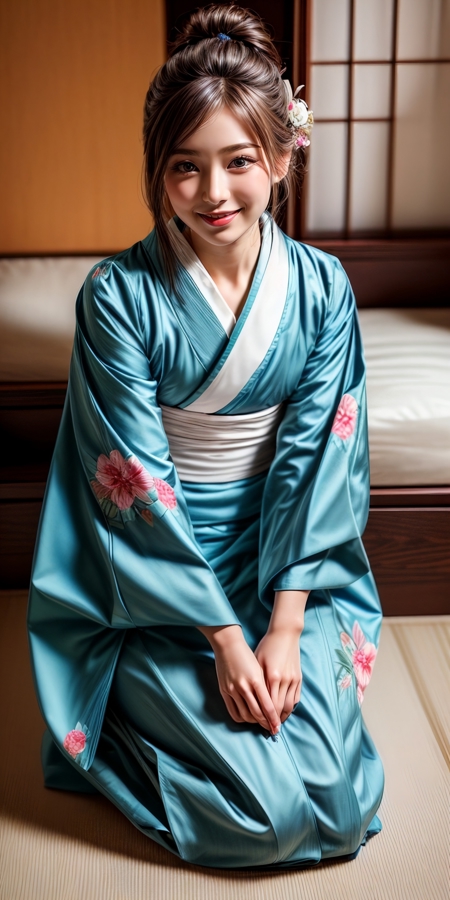 zarei, solo,  japanese clothes,kimono, sitting,seiza,smile