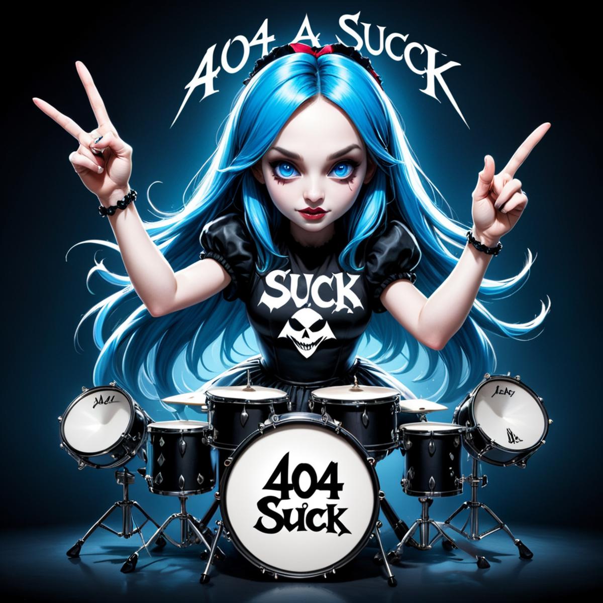 A cartoon girl drummer with blue hair and a shirt that says "suck" stands in front of a drum set.