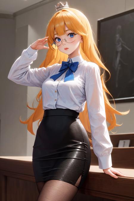 masterpiece, best quality, highres, 1girl mini crown <lora:goumon_hime_no_outfit:1> white shirt, pencil skirt, glasses