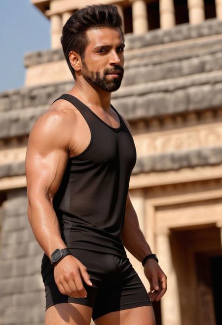a photo of mike vogel a man <lora:Rithvik-Dhanjani_Mike-Vogel:1>,  full-body from below, from side looking away, a muscular, (lean:1.8) (slender:1.4) (slim:0.0), aesthetic physique, detailed face and body, sweaty, fitness champion wearing wet tank top and cycling shorts, in front of an ancient Mayan temple, extremely realistic, best quality, 4K, masterpiece, detailed, intricate, high quality, highres, filmic, masterpiece realistic, best high quality