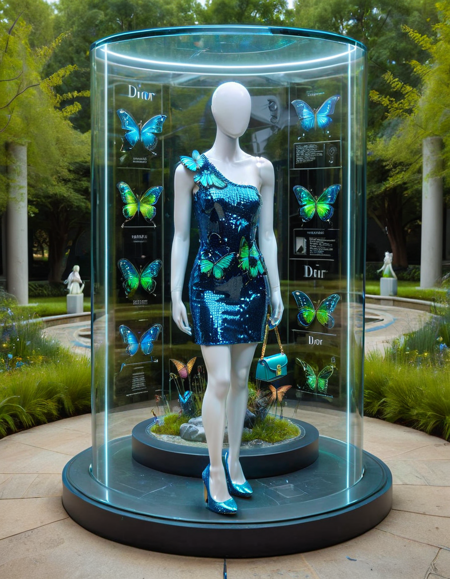 faceless egghead mannequin is wearing a butterfly style Blue sequin cocktail dress, one-shoulder design, blue velvet stilettos, Dior mini bag with gold accents, Hublot Big Bang watch, neon green tattoos, shimmering blue sequins, soft velvet texture, embossed leather bag, polished metal details., full length dress,  dress has long train, inside a display case in a gallery, Sculpture Garden, outdoor space with sculptures arranged on pedestals, artists sketching the sculptures, greenery around, a tranquil setting
<lora:butterflyStyle-000008:0.8> butterflystyle <lora:Mannequin_Faceless_Egghead-000007:0.8>  <lora:DisplayCaseXL:0.8>