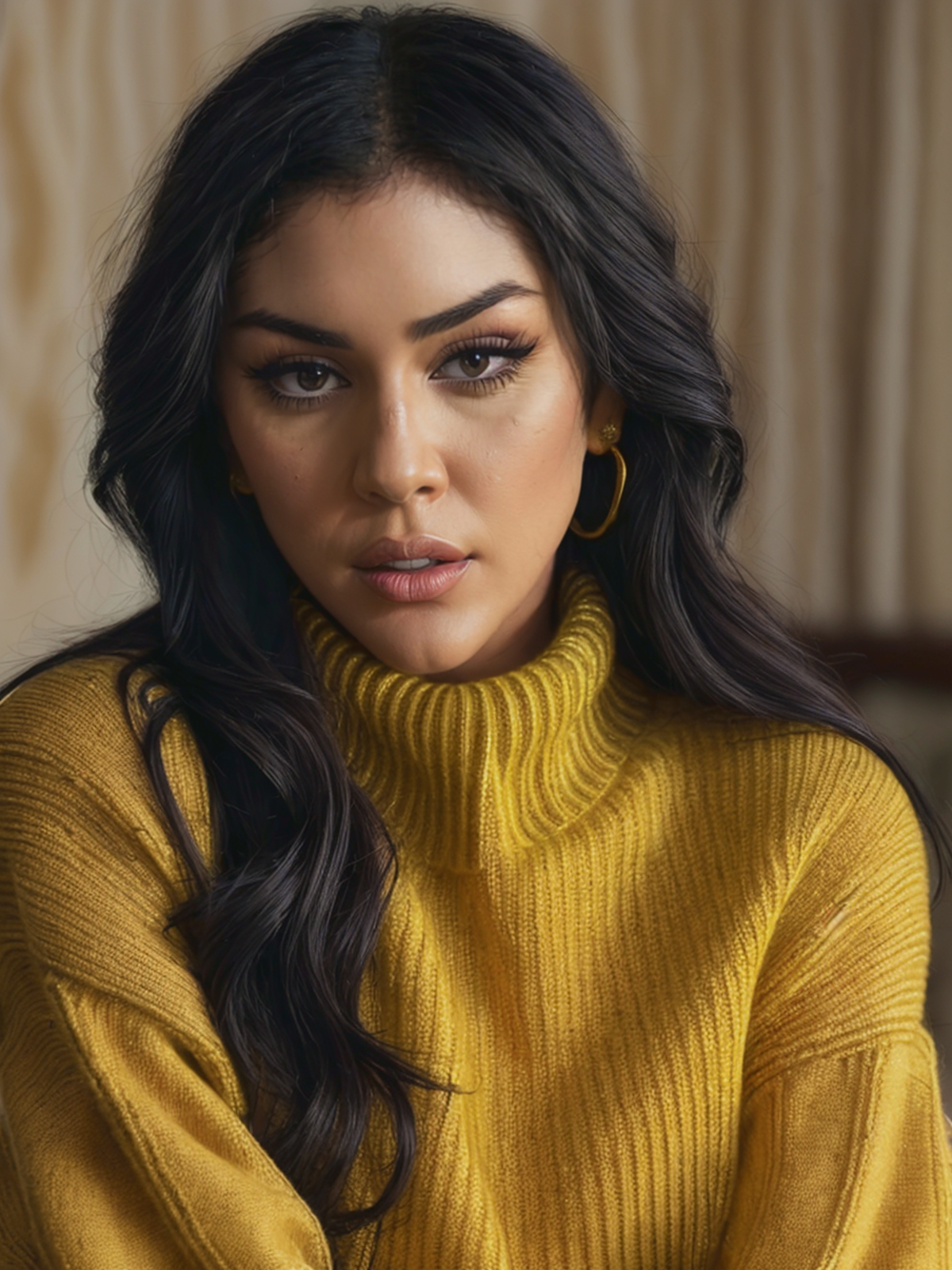 (closeup:1.2!), quesat, a photo of an extremely sexy woman with long flowing hair, (wearing knitted yellow turtleneck swea...