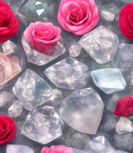 flowers roses, stones transparent and diamond crystal in water