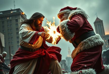 An epic movie style still of Jesus Christ and Santa Clause engaged in an epic duel to the death. The battle has waged on for hours, both fighter exhausted begin their final assault. Blood and carnage everywhere, the city lies in ruin