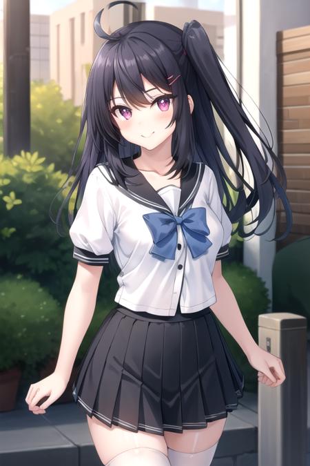 Oomi Sora ahoge,very long hair,black hair,one side up,side ponytail,hair ornament,hairclip,sidelocks,hair between eyes,bangs,pink eyes collarbone,school uniform,black sailor collar,white shirt,blue bowtie,medium breasts,skindentation,puffy short sleeves,miniskirt,black skirt,pleated skirt,white thighhighs,zettai ryouiki,loafers