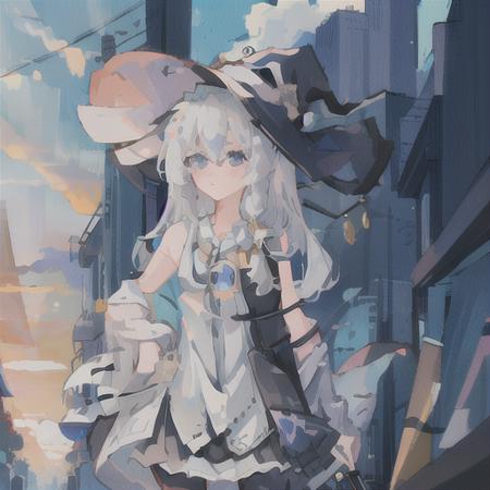 <lora:Elaina_v1.1:1>, one girl looking aside, grey long hair, blue eyes, witch hat, white sleeveless tops, black skirt, necklace, sunset, masterpiece, best quality