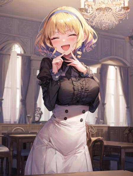 masterpiece, best quality, constance_academy, hairband, black shirt, uniform, garreg mach monastery uniform, white skirt, eyes closed, smug, hand to mouth, laughing, ojou-sama pose, indoors, chandelier <lora:constance-nvwls-v1-final:0.9>