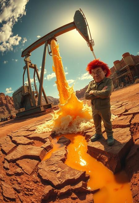 “A massive industrial oil extraction pump working tirelessly in a rugged desert landscape. Instead of crude oil, golden frothy beer erupts from the pierced ground, splashing chaotically under the scorching sun. Foamy rivers of beer flow through the cracked earth, reflecting warm amber hues. Nearby, Sideshow Bob, wearing a rugged oil worker’s suit, stands with a smug expression, arms crossed as he watches the beer gushing. His wild red hair contrasts against the industrial scene. The shot is taken with an extreme 12mm fisheye cinema lens, creating a dramatic, distorted perspective—curved horizon, exaggerated depth, and an immersive wide-angle view. Ultra-detailed, hyperreal textures with a painterly touch, deep contrast, and dynamic lighting.”
