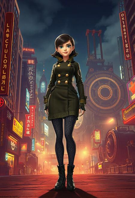 A stunning 3D-rendered illustration of Boleslava Verochka, designed in the expressive, character-driven style of a Pixar animated film with the bold, graphic charm of Mary Blair. She stands confidently in a richly detailed dieselpunk cityscape—towering industrial buildings, glowing neon signs, and massive, gear-driven machines humming in the background. Her outfit blends sleek, functional dieselpunk fashion with folk-inspired patterns: a tailored military-style minidress with brass buttons, intricate embroidery, and a high collar, paired with patterned tights and sturdy, heeled boots.