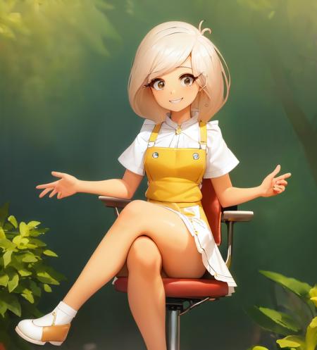 1girl, coco_ongezellig, yellow skin, blonde hair, white skirt, yellow sweeter, white apron, brown eyes, sitting, chair, crossed legs, smile, <lora:cocoLora-10:0.9>