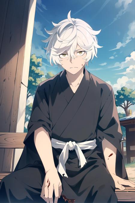 (masterpiece:1.2, best quality), Gabimaru, 1boy, male focus, solo, white hair, yellow eyes, looking at viewer, torn clothes, black robe, white belt, closed mounth, sitting on bench, outdoor temple, tradional temple, blood splashes, blood, cowboy shot, detailed background, complex structures