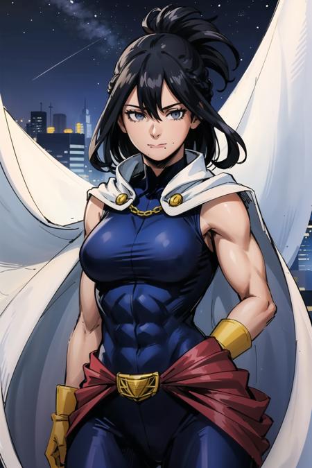 (masterpiece, best quality:1.4), cinematic light, colorful, high contrast, (1girl), NanaShimura, boku no hero academia,  <lora:NanaShimuraMHA-v1-1:1>, black hair, mole under mouth, large breasts, (blue eyes), hair between eyes, sleeveless, black bodysuit, red belt, white cape, yellow gloves, in the city, night, stars, muscular female