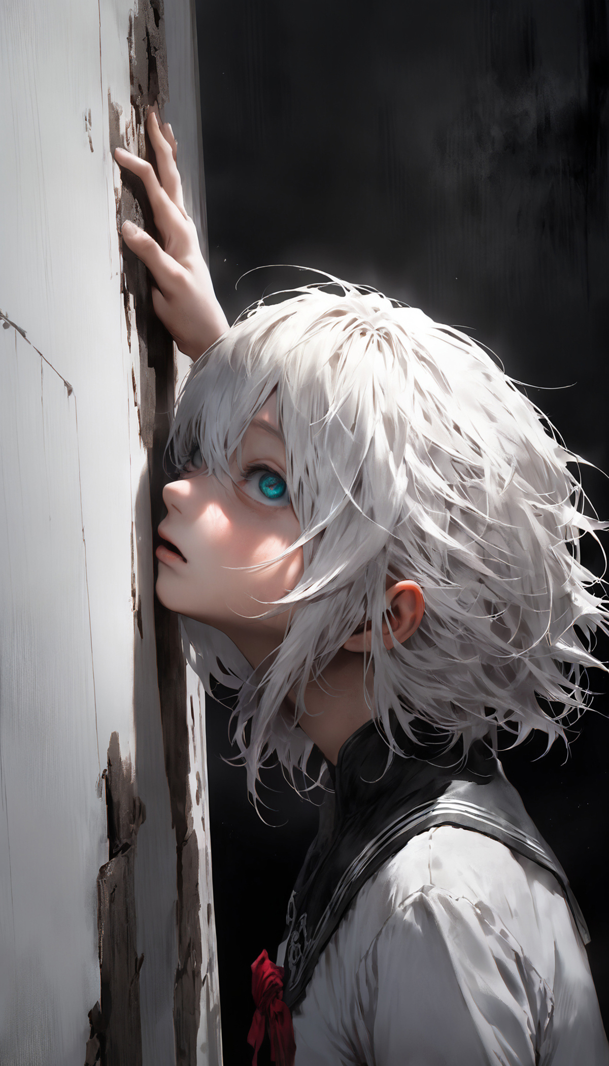 A young girl with white hair and blue eyes peers around a corner.